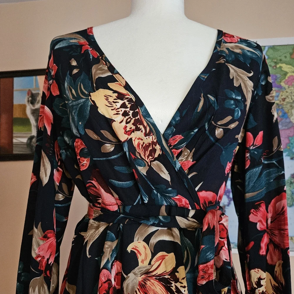 Green And Pink Floral Print Surplice Front Belted Dress